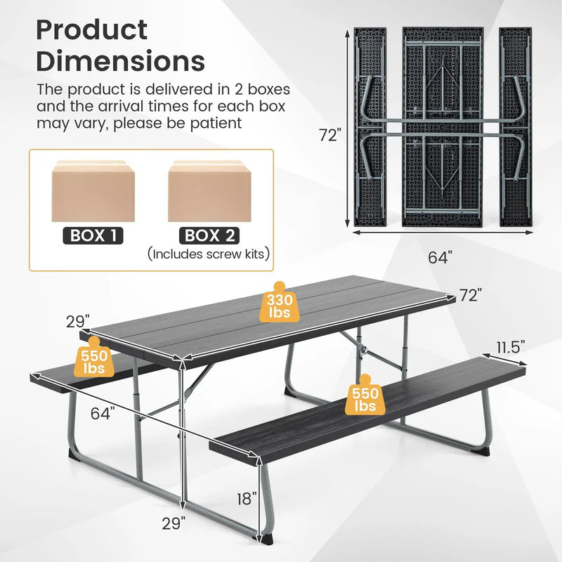 Folding Picnic Table Set with Metal Frame and All-Weather HDPE Tabletop Umbrella Hole by DirectDeals
