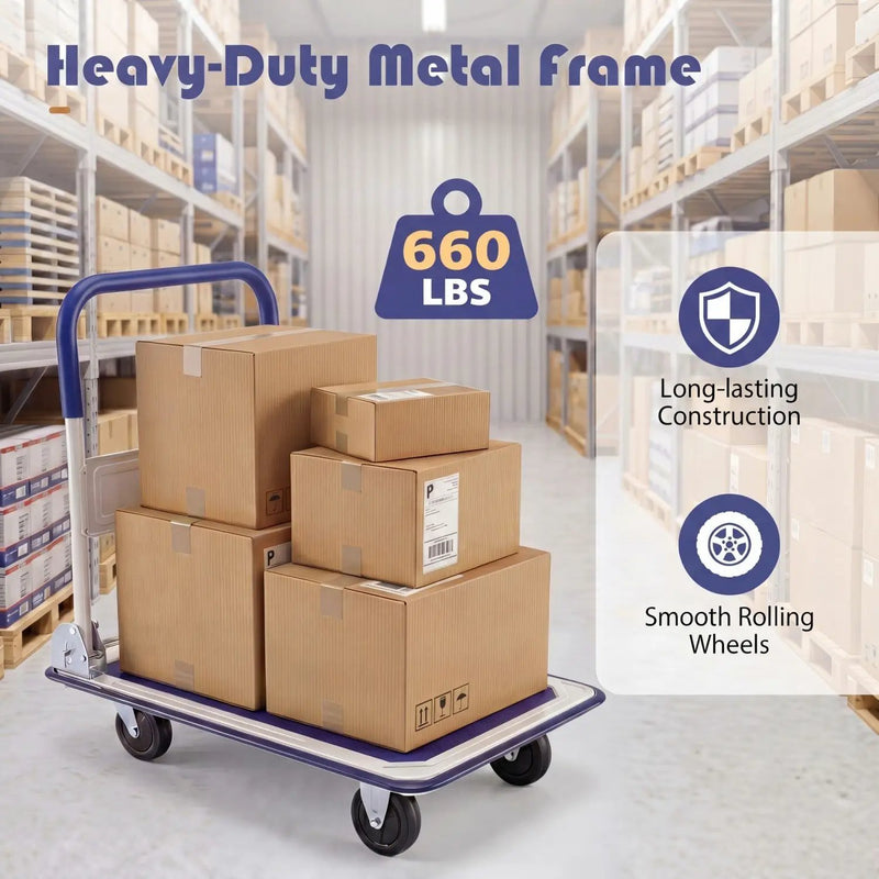 Folding Platform Hand Truck with 4 Wheels - 660 lbs Capacity by DirectDeals
