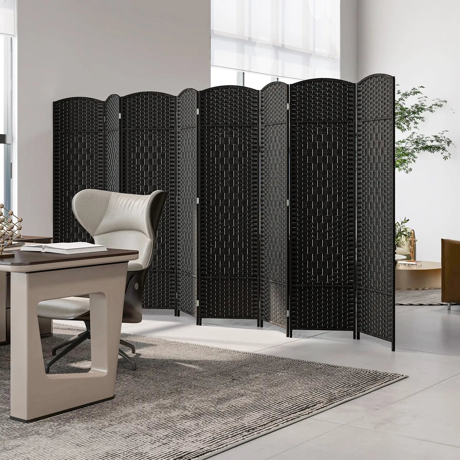 8-Panel Folding Room Divider with Hand-Woven Texture and Solid Wood Frame by DirectDeals