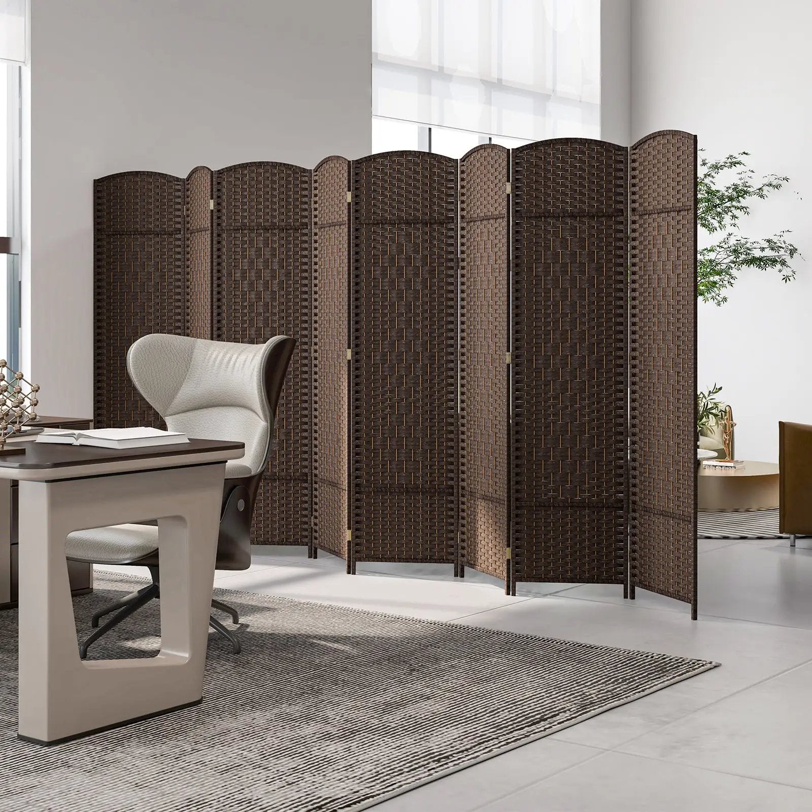 8-Panel Folding Room Divider with Hand-Woven Texture and Solid Wood Frame by DirectDeals