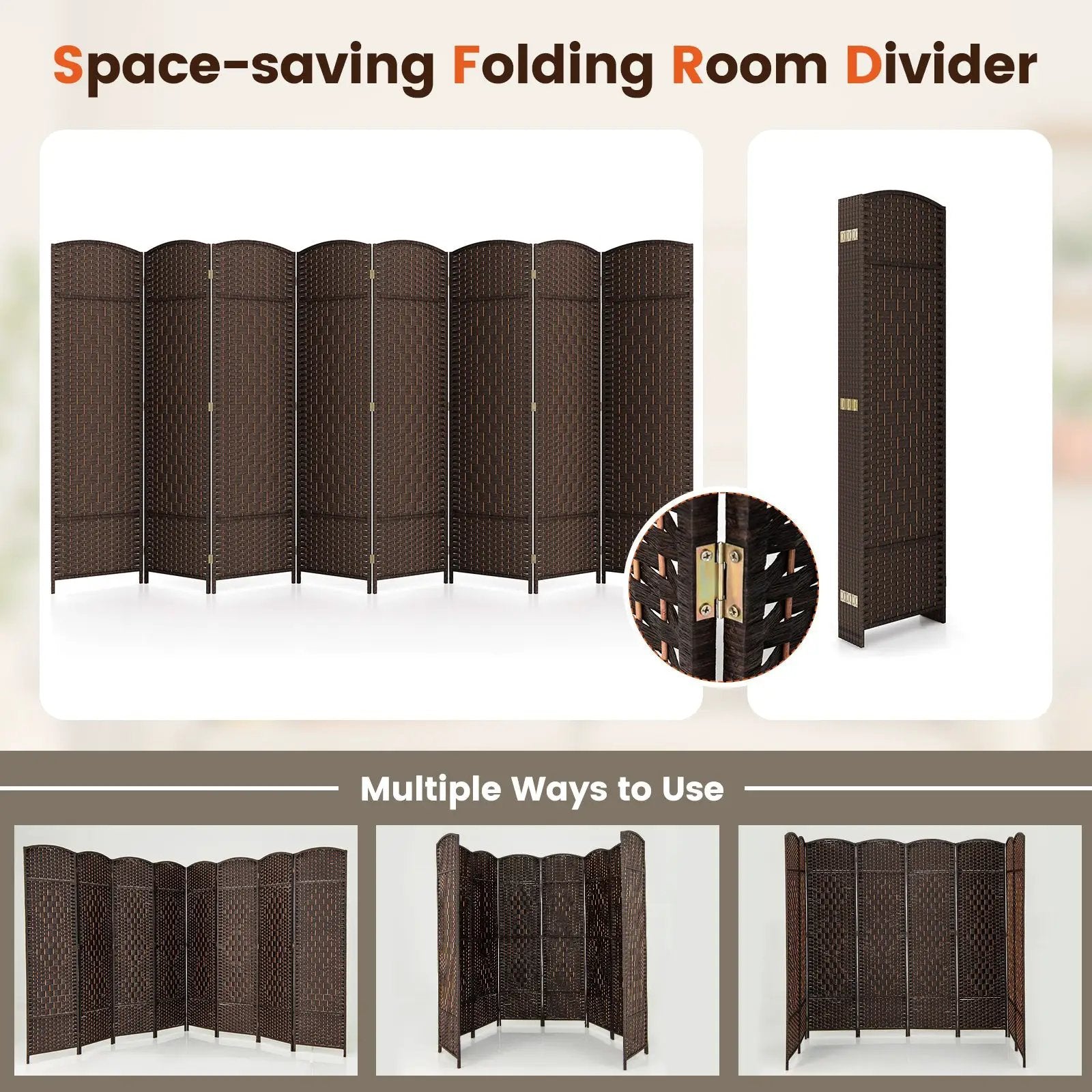 8-Panel Folding Room Divider with Hand-Woven Texture and Solid Wood Frame by DirectDeals