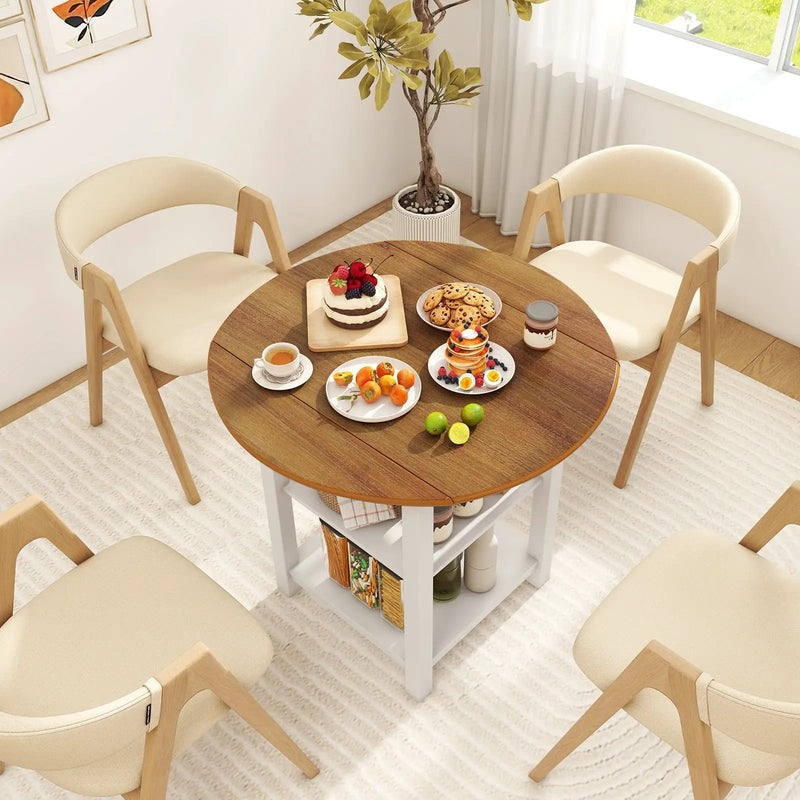 Folding Round Dining Table Drop Leaf Table with 2 Shelves for Small Spaces-White by DirectDeals
