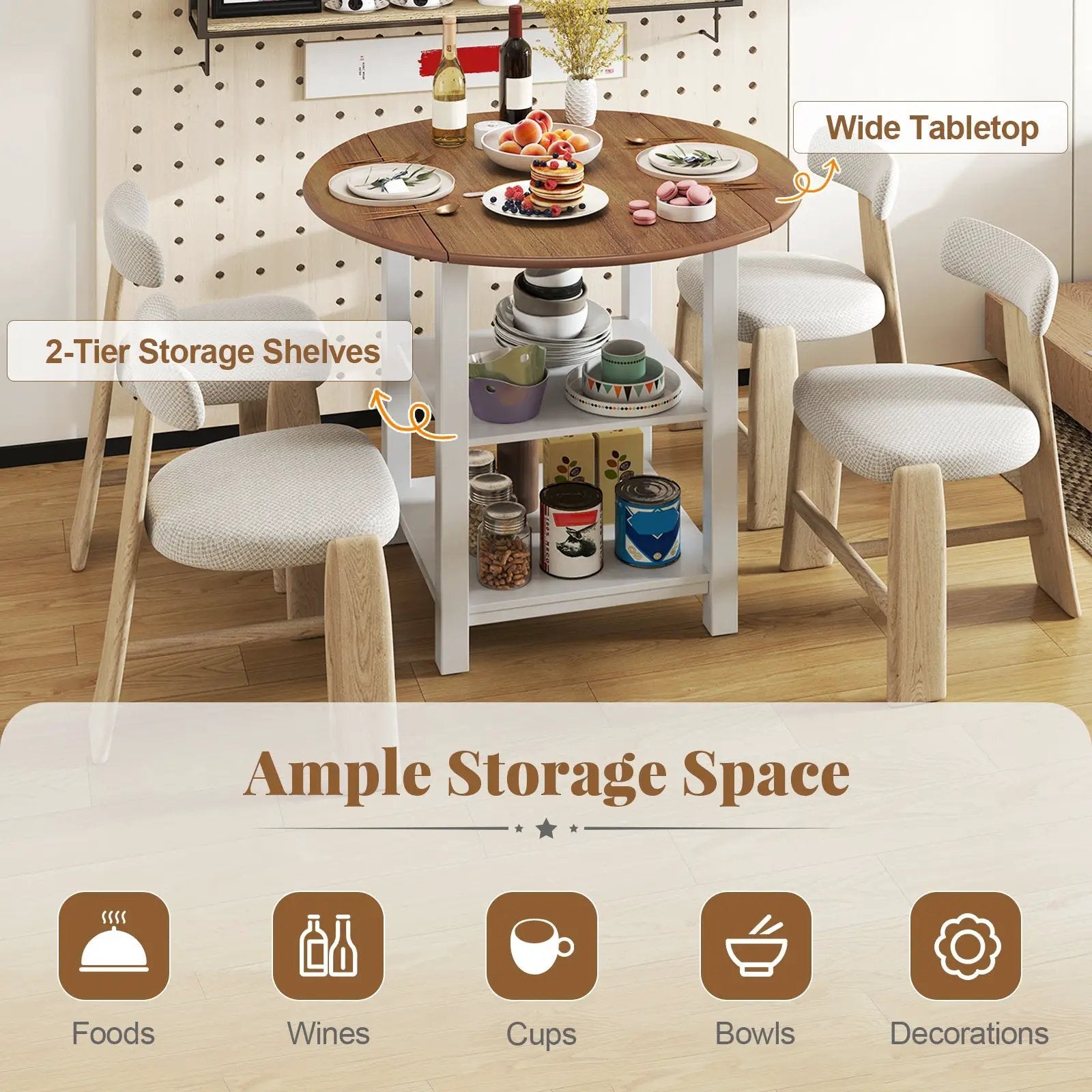 Folding Round Dining Table Drop Leaf Table with 2 Shelves for Small Spaces-White by DirectDeals