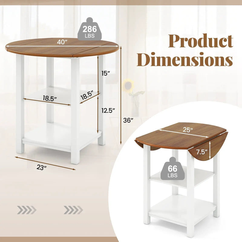 Folding Round Dining Table Drop Leaf Table with 2 Shelves for Small Spaces-White by DirectDeals