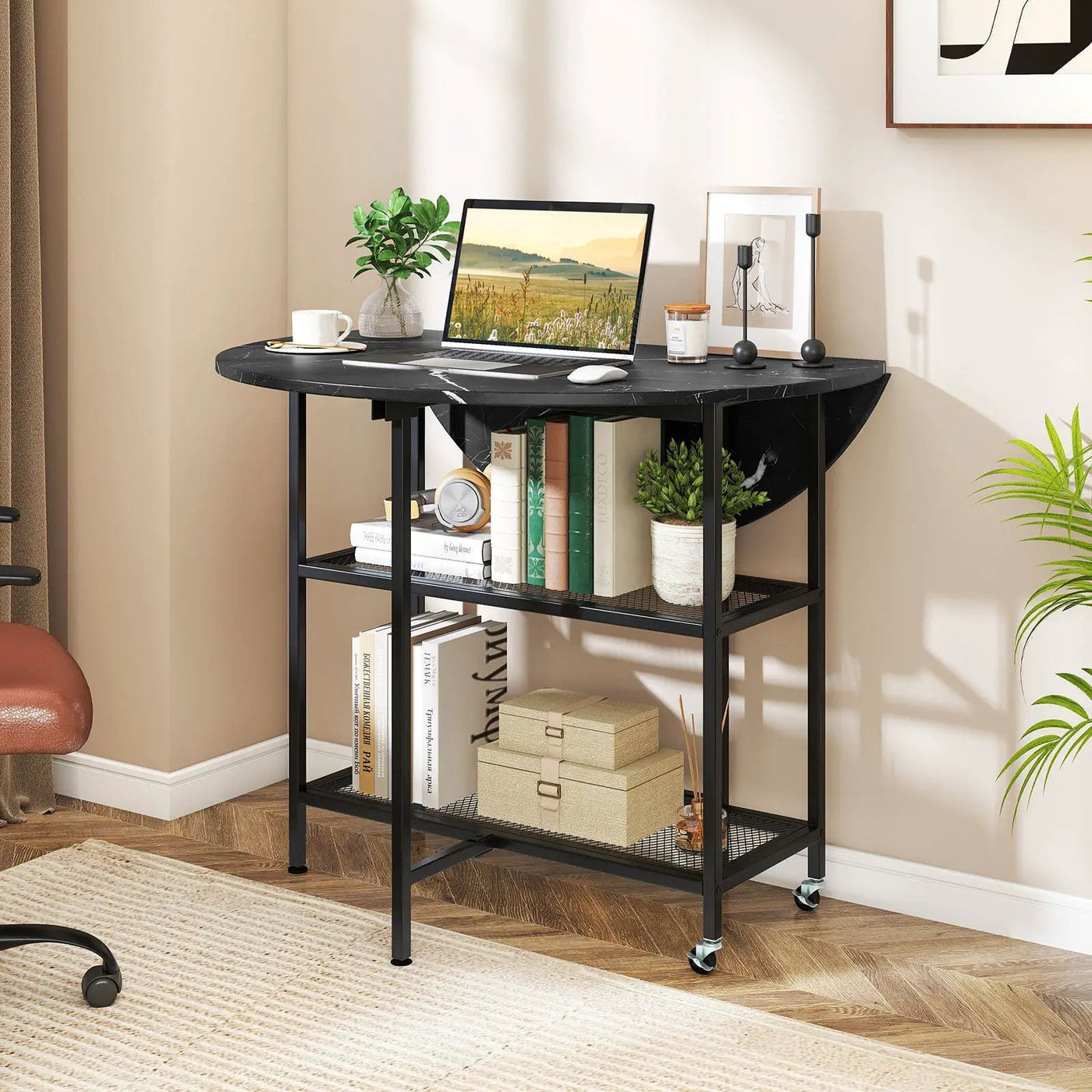 Folding Round Dining Table with Lockable Wheels by DirectDeals