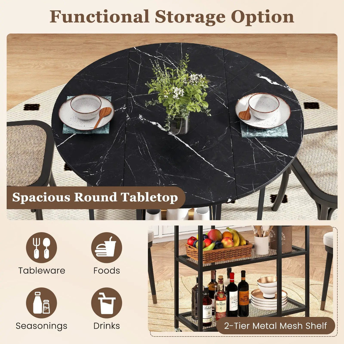 Folding Round Dining Table with Lockable Wheels by DirectDeals