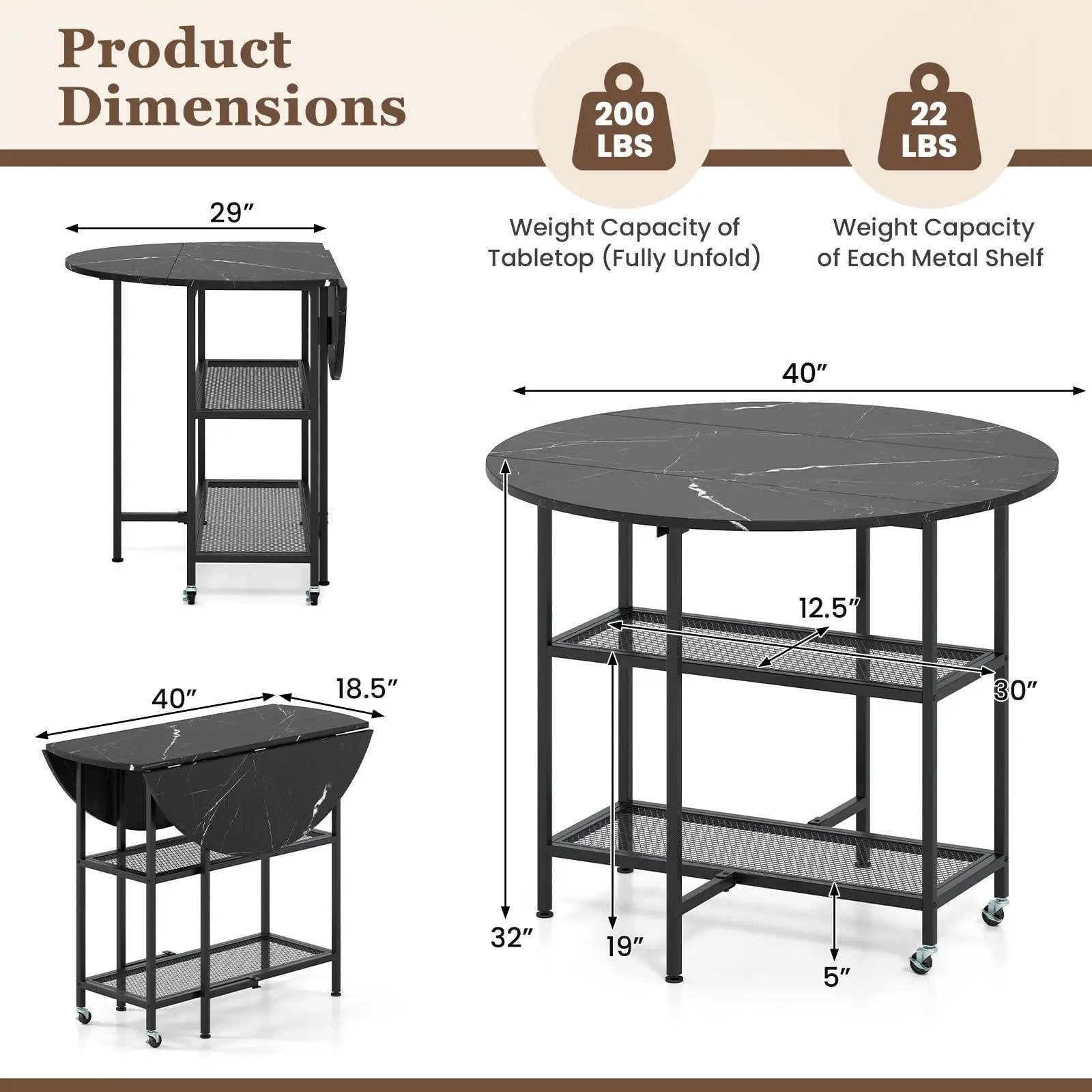 Folding Round Dining Table with Lockable Wheels by DirectDeals