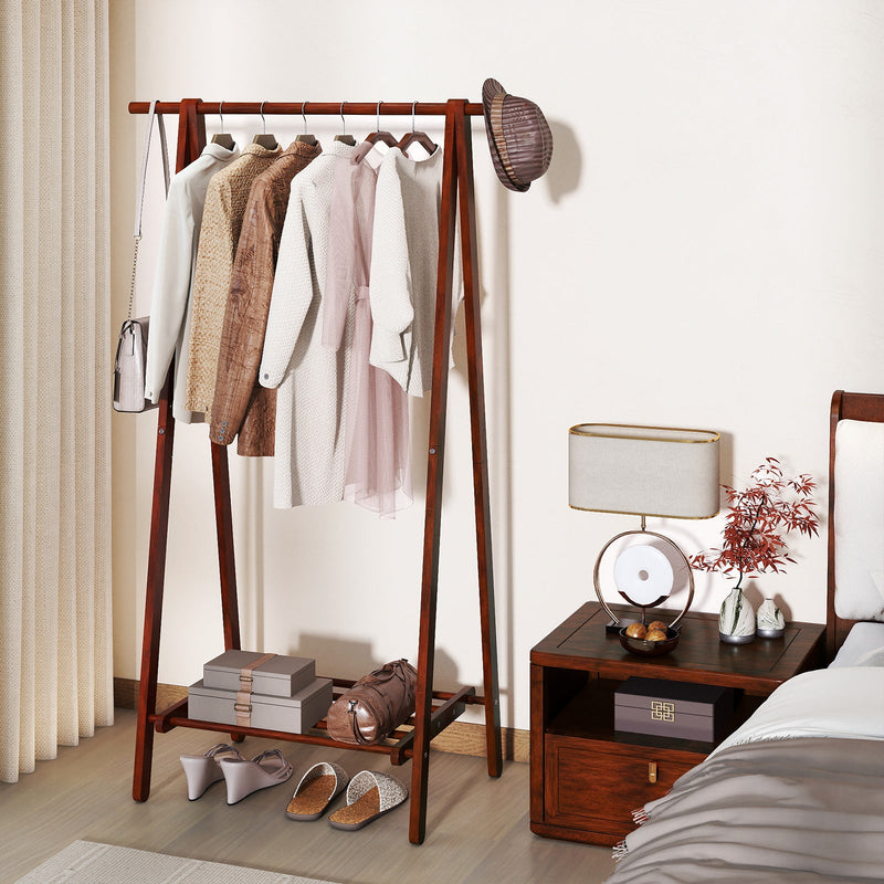 Folding Rubber Wood Clothes Hanging Rack Standing Garment Rack with Bottom Storage Shelf-Walnut, photo 2 of 8