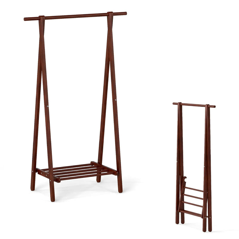 Folding Rubber Wood Clothes Hanging Rack Standing Garment Rack with Bottom Storage Shelf-Walnut by DirectDeals