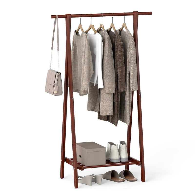 Folding Rubber Wood Clothes Hanging Rack Standing Garment Rack with Bottom Storage Shelf-Walnut by DirectDeals