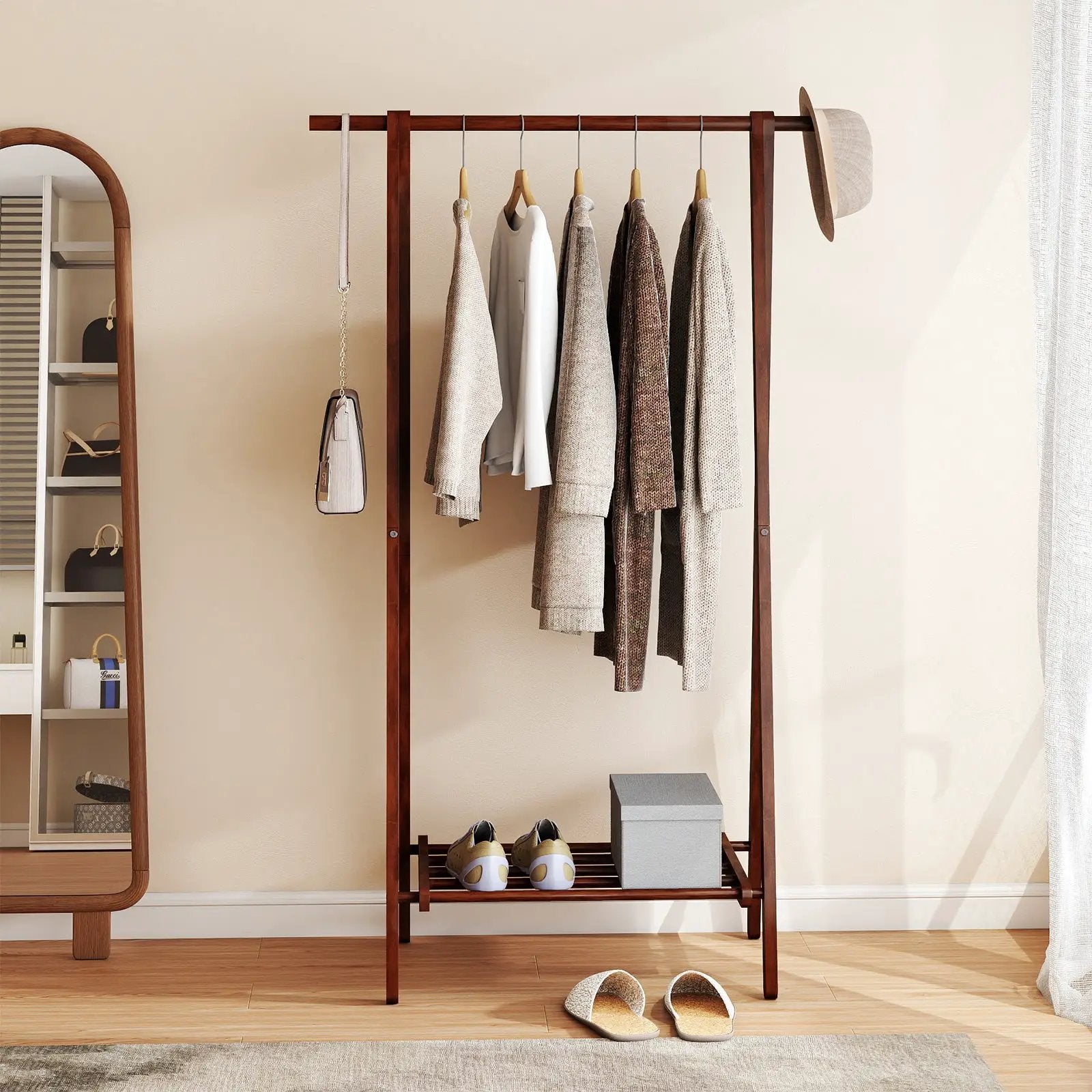Folding Rubber Wood Clothes Hanging Rack Standing Garment Rack with Bottom Storage Shelf-Walnut by DirectDeals