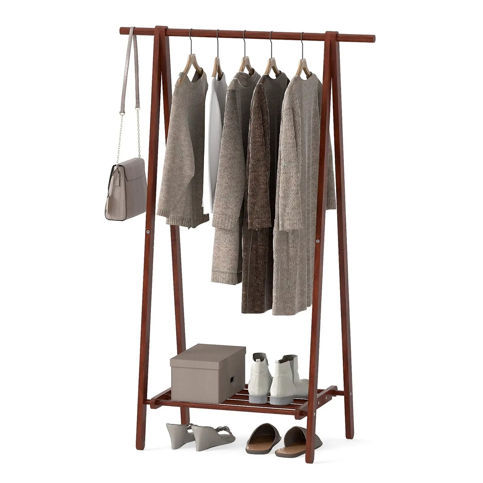 Folding Rubber Wood Clothes Hanging Rack Standing Garment Rack with Bottom Storage Shelf-Walnut by DirectDeals