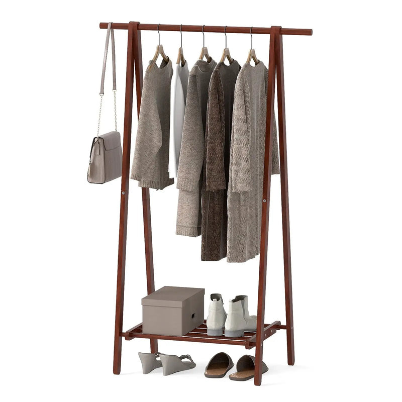 Folding Rubber Wood Clothes Hanging Rack Standing Garment Rack with Bottom Storage Shelf-Walnut by DirectDeals