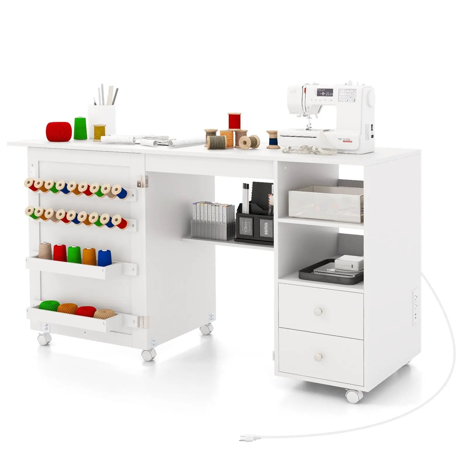Folding Sewing Table with Charging Station and Storage Shelves-White by DirectDeals