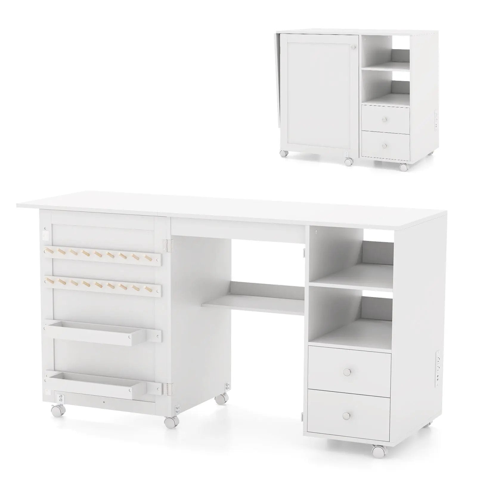 Folding Sewing Table with Charging Station and Storage Shelves-White by DirectDeals