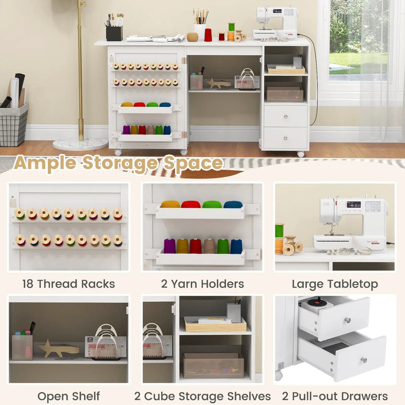 Folding Sewing Table with Charging Station and Storage Shelves-White by DirectDeals