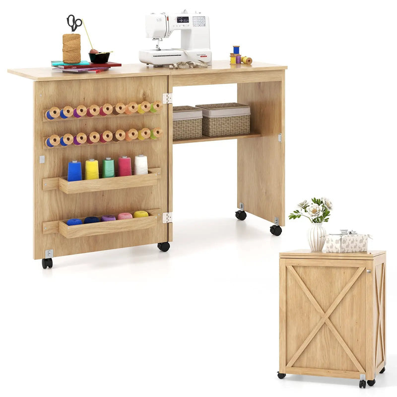 Folding Sewing Table with Storage Shelf and 5 Lockable Wheel by DirectDeals