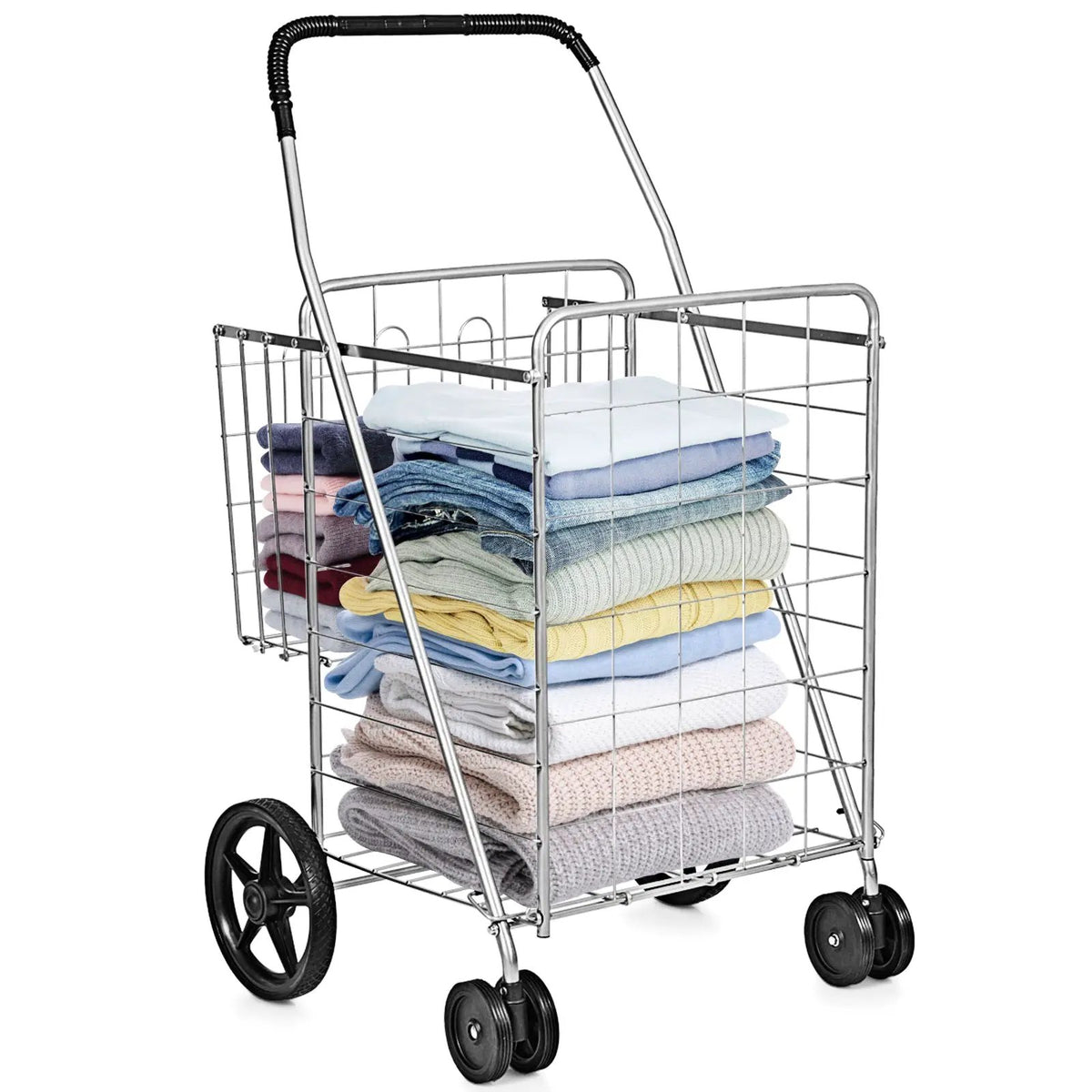 Folding Shopping Cart for Laundry with Swiveling Wheels and Dual Storage Baskets by DirectDeals