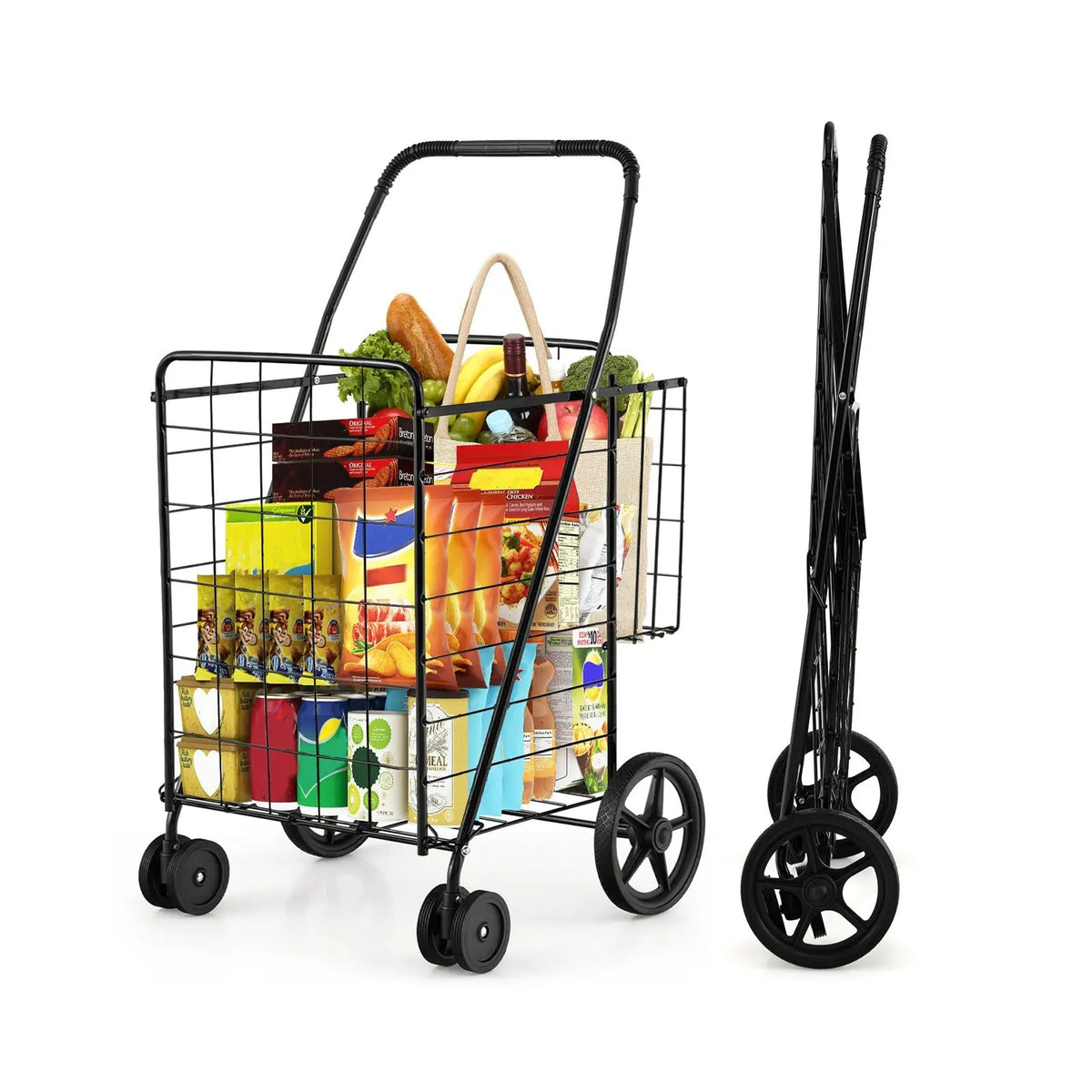 Folding Shopping Cart for Laundry with Swiveling Wheels and Dual Storage Baskets by DirectDeals