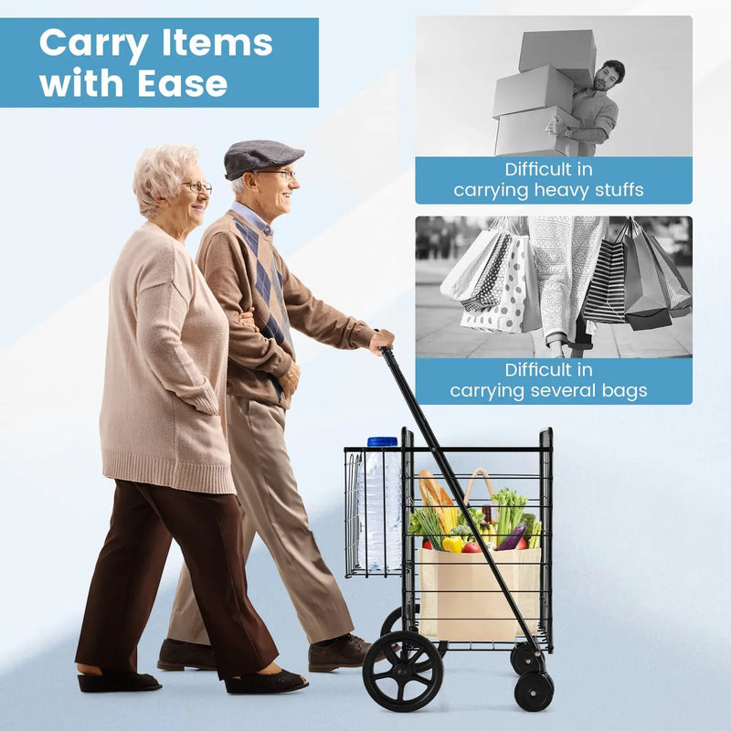 Folding Shopping Cart for Laundry with Swiveling Wheels and Dual Storage Baskets by DirectDeals
