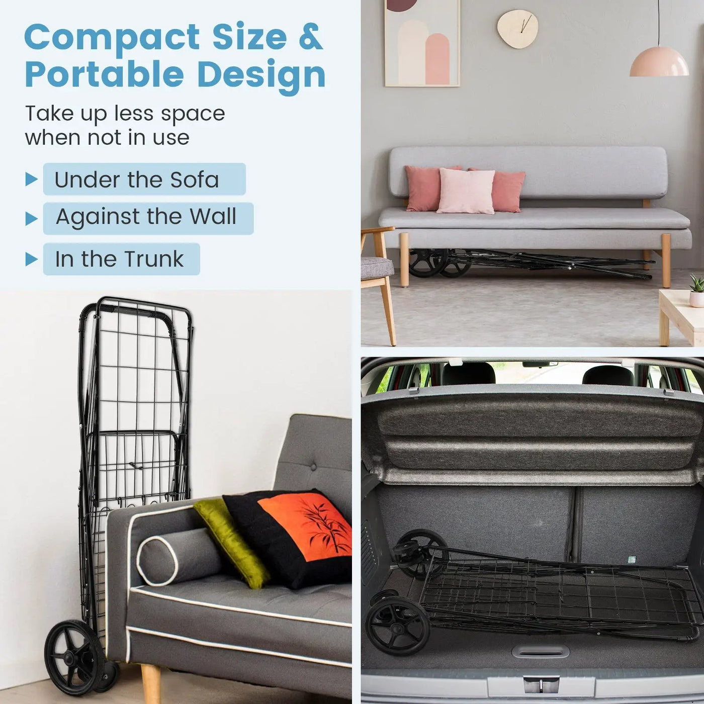 Folding Shopping Cart for Laundry with Swiveling Wheels and Dual Storage Baskets by DirectDeals