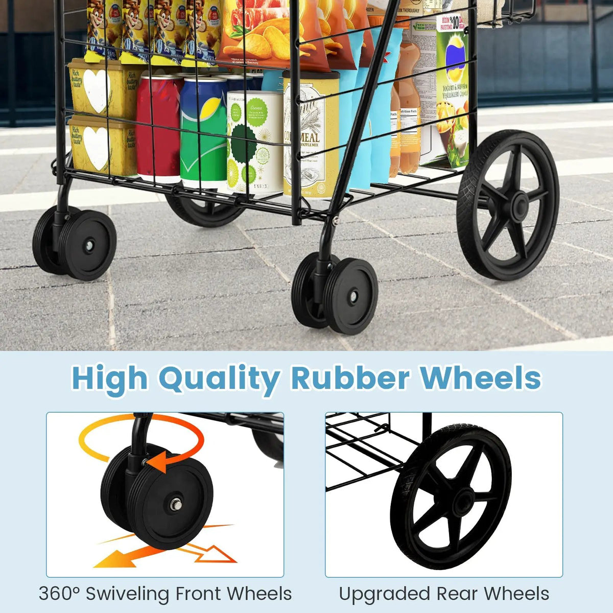 Folding Shopping Cart for Laundry with Swiveling Wheels and Dual Storage Baskets by DirectDeals