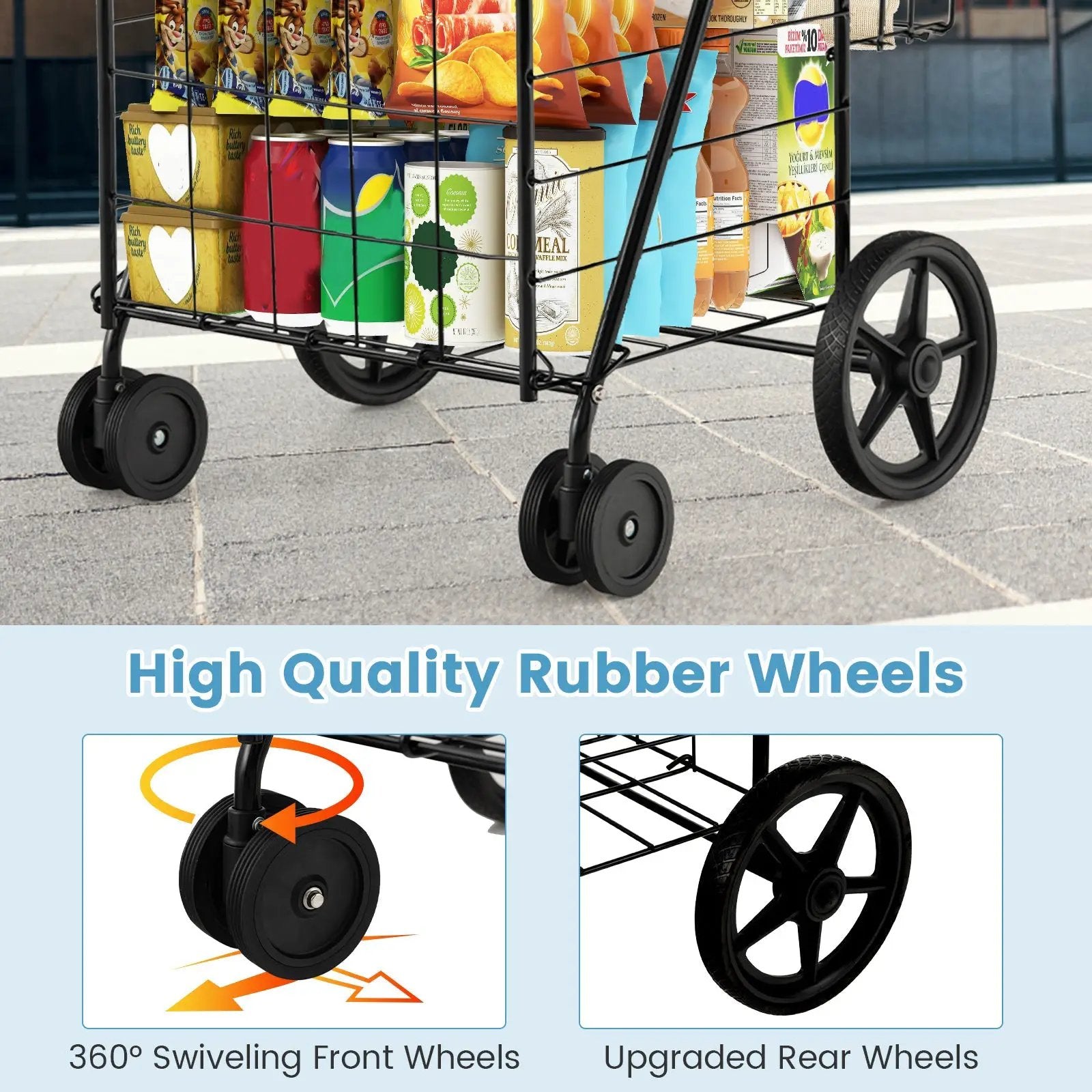 Folding Shopping Cart for Laundry with Swiveling Wheels and Dual Storage Baskets by DirectDeals