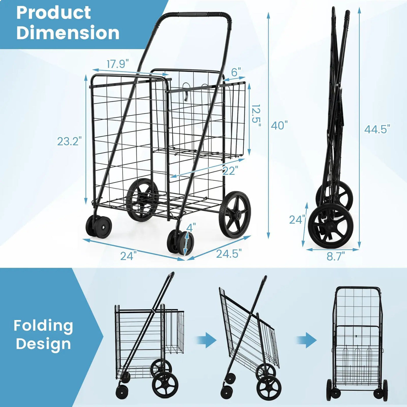 Folding Shopping Cart for Laundry with Swiveling Wheels and Dual Storage Baskets by DirectDeals
