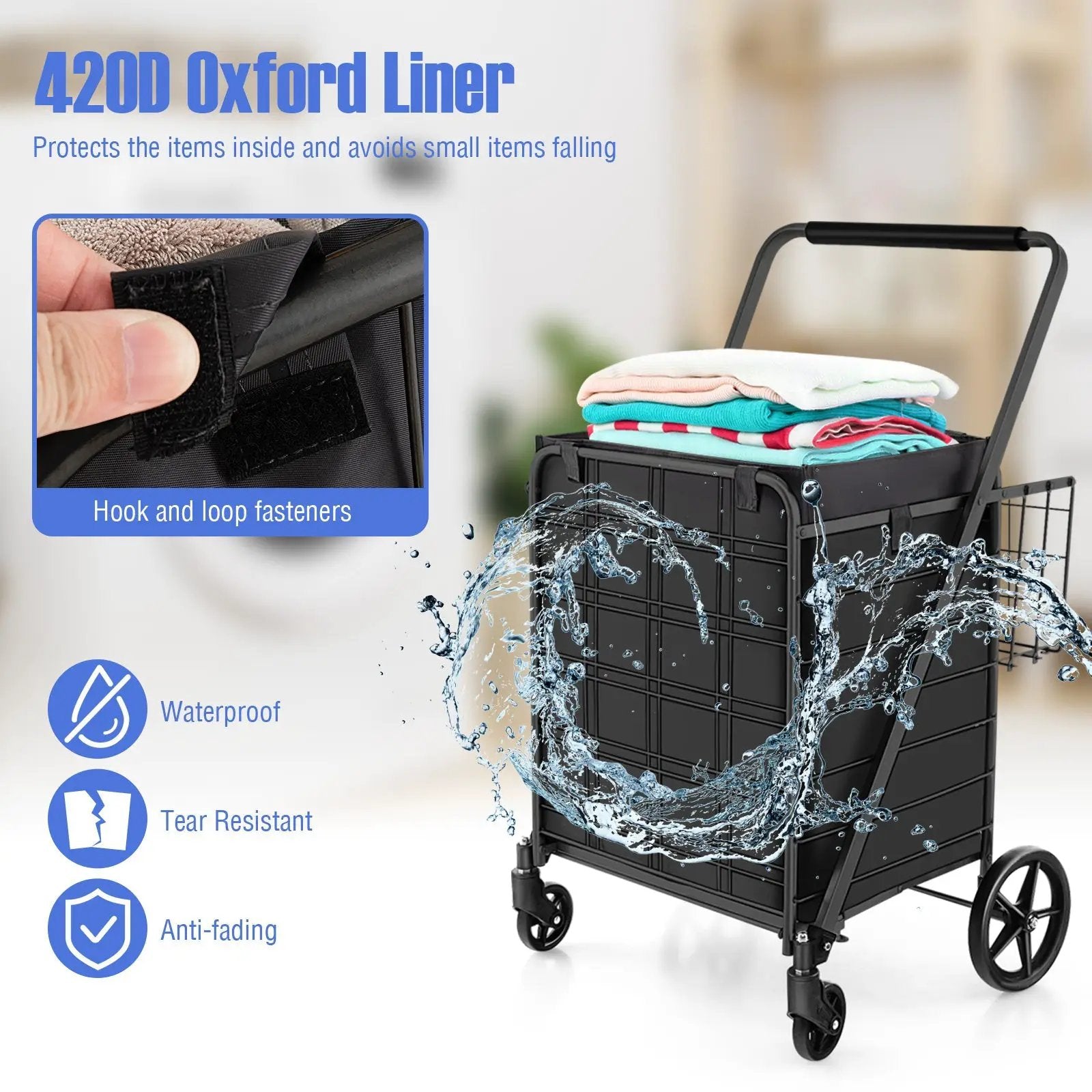 Folding Shopping Cart with Waterproof Liner Wheels and Basket by DirectDeals