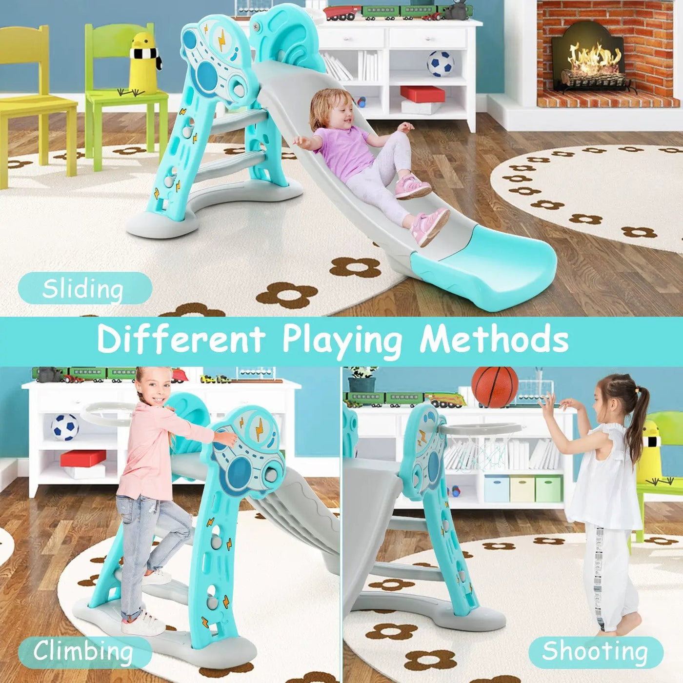 3-in-1 Folding Slide Playset with Basketball Hoop and Small Basketball by DirectDeals