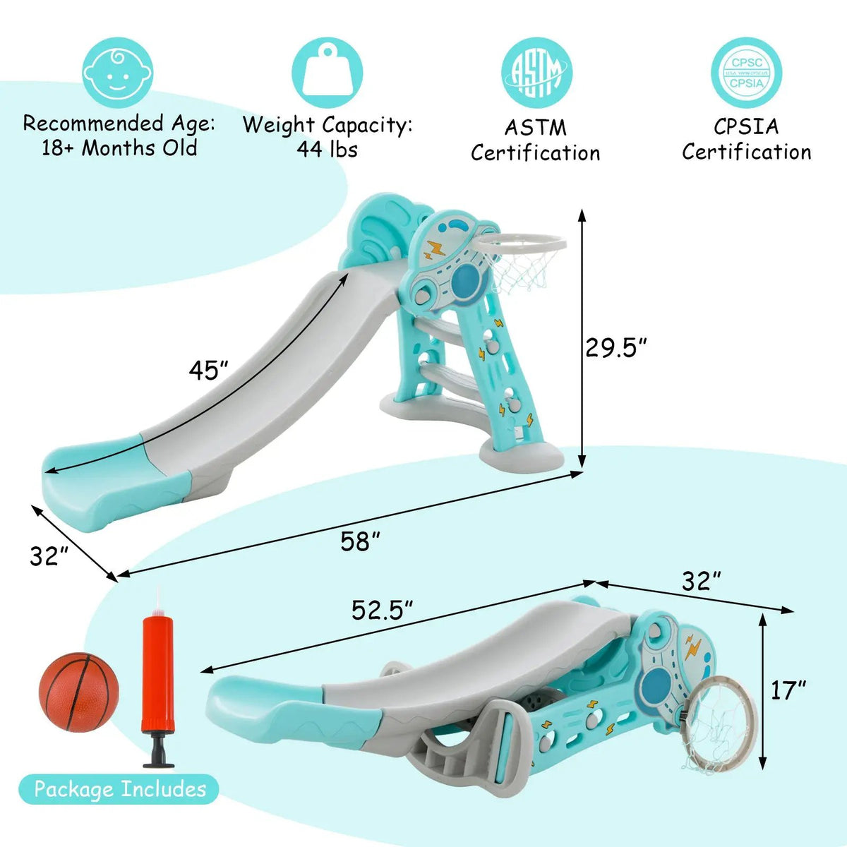 3-in-1 Folding Slide Playset with Basketball Hoop and Small Basketball