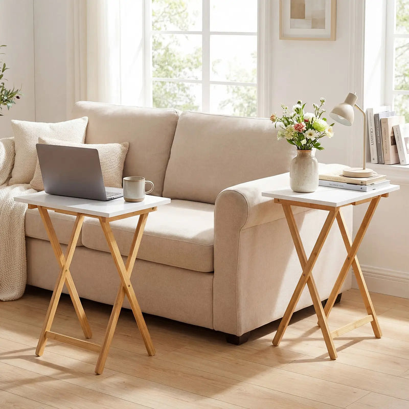 Folding TV Tray Tables Set of 2 for Small Spaces Bedroom and Living Room-White by DirectDeals