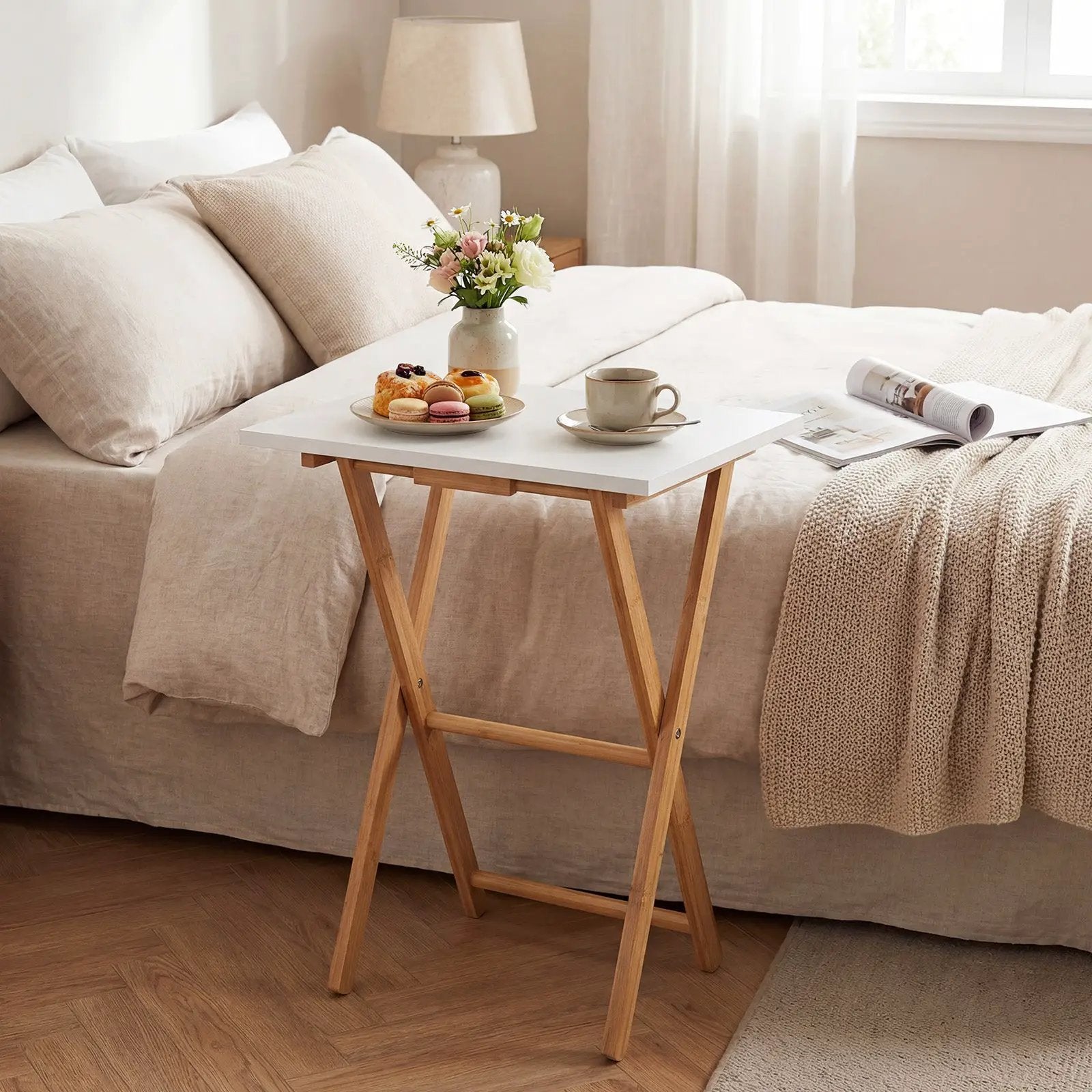 Folding TV Tray Tables Set of 2 for Small Spaces Bedroom and Living Room-White by DirectDeals