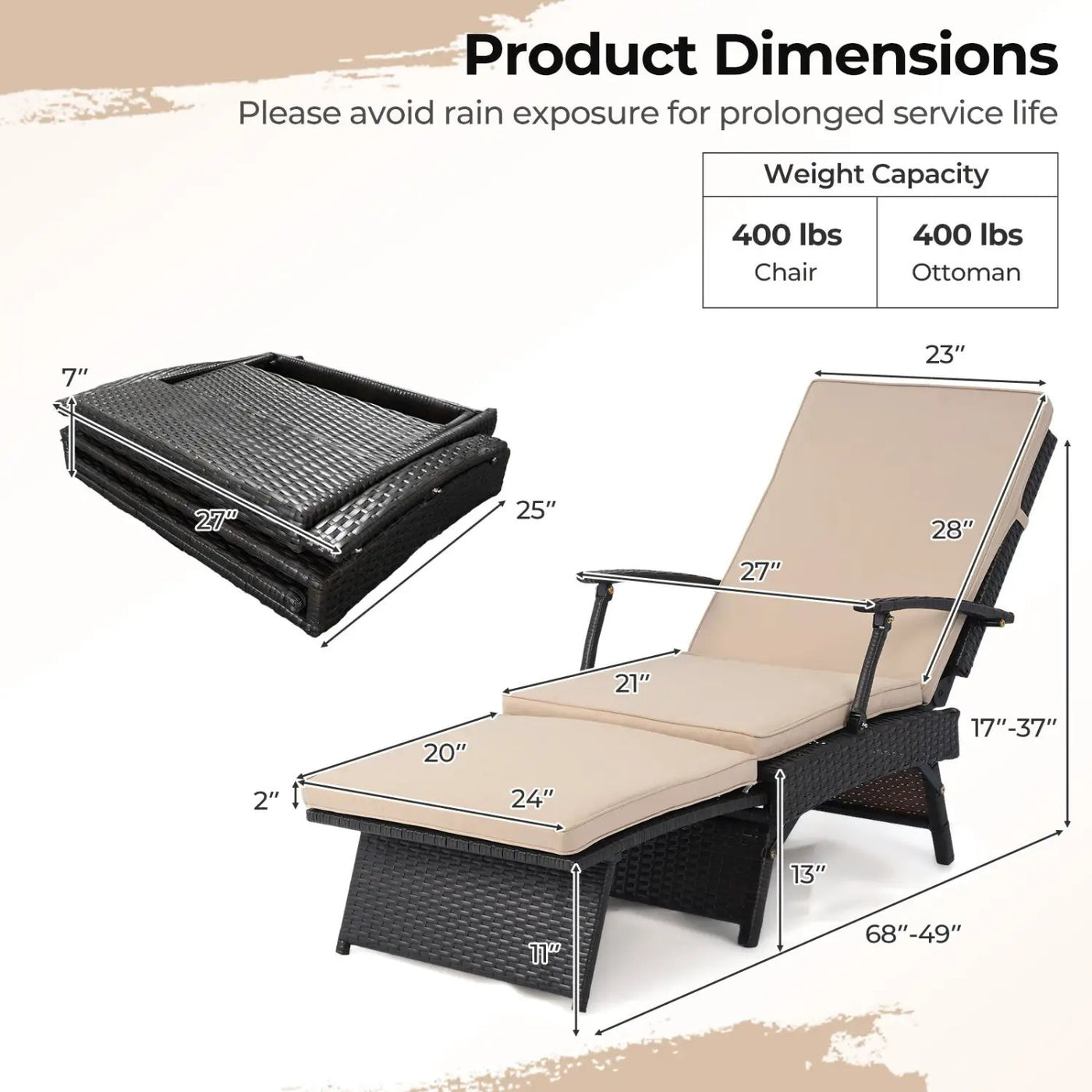 Folding Wicker Chaise Lounge with Adjustable Backrest & Ottoman by DirectDeals