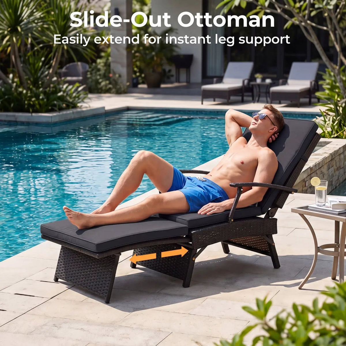 Folding Wicker Chaise Lounge with Adjustable Backrest & Ottoman by DirectDeals