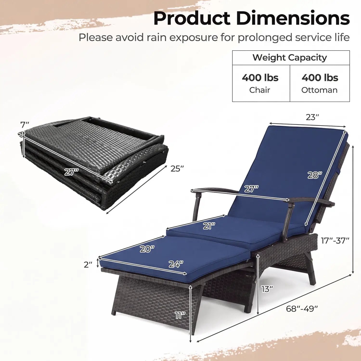 Folding Wicker Chaise Lounge with Adjustable Backrest & Ottoman by DirectDeals