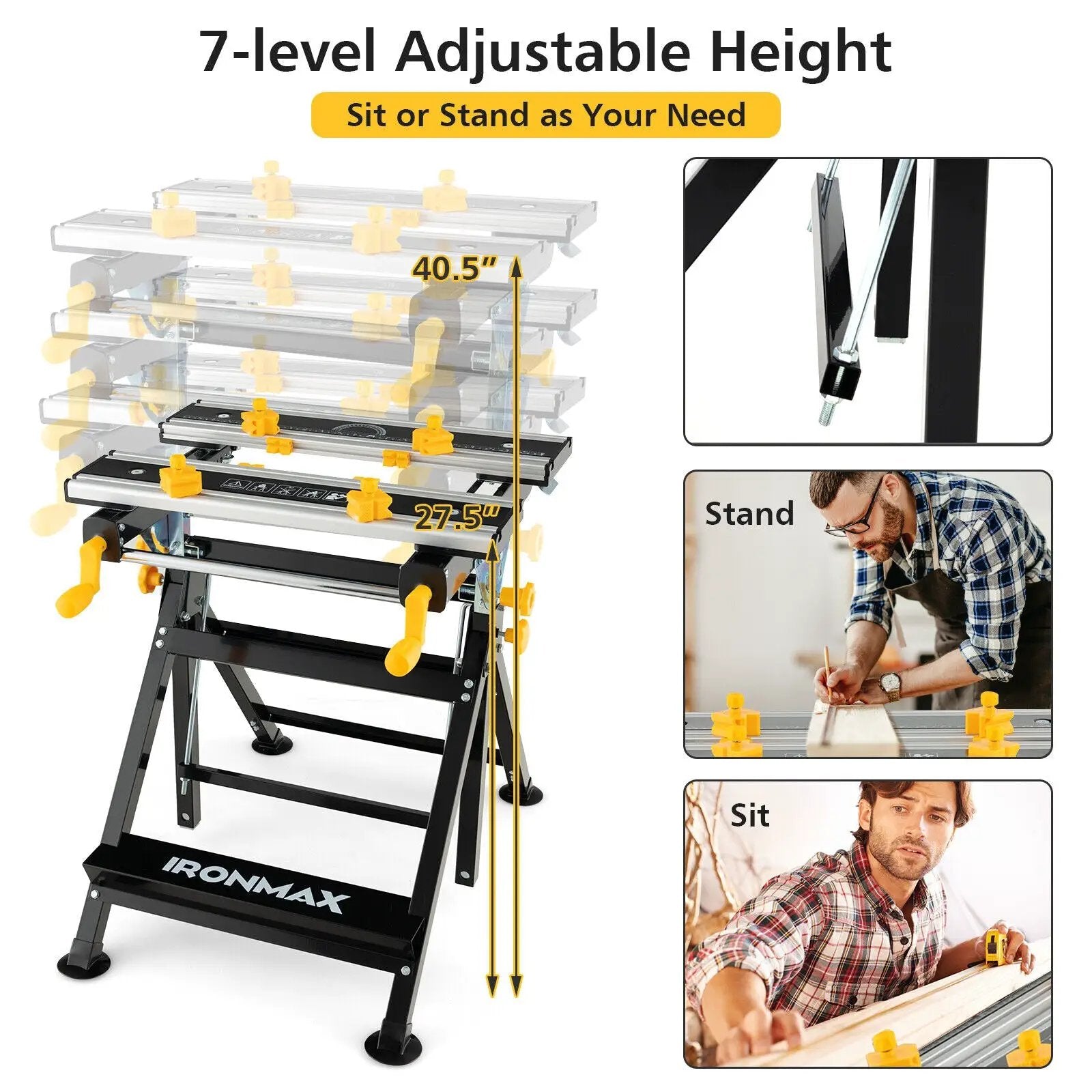 Folding Work Table with Tiltable Platform and 7-level Adjustable Height-Black by DirectDeals