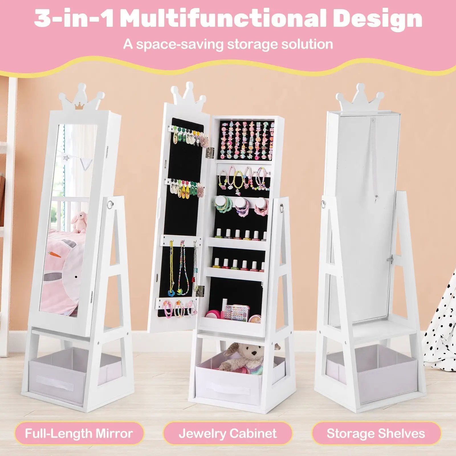Free-Standing Full Length Kids Jewelry Armoire Cabinet with Storage Capacity by DirectDeals
