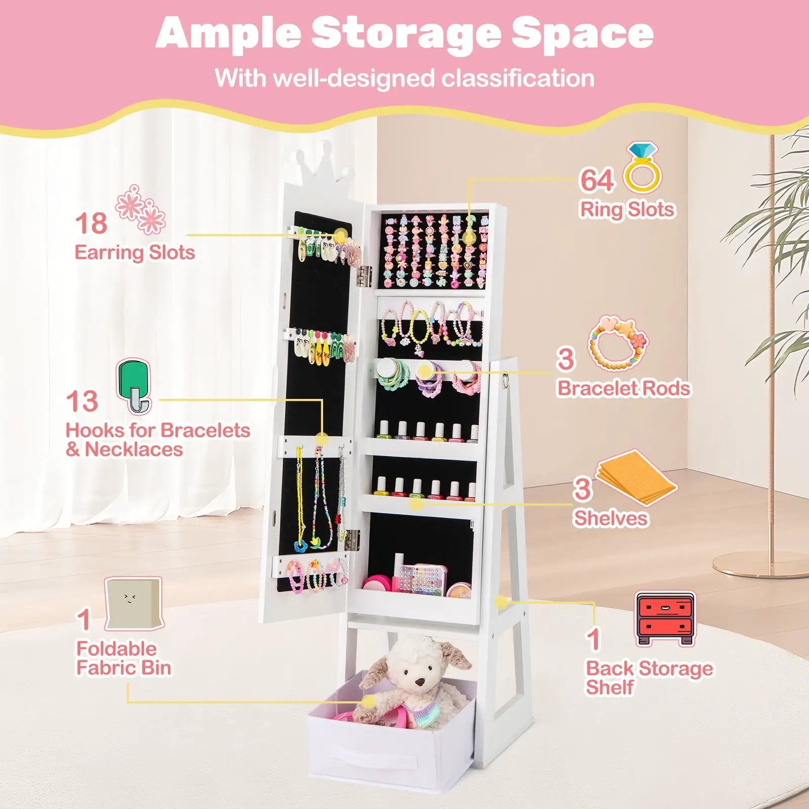 Free-Standing Full Length Kids Jewelry Armoire Cabinet with Storage Capacity by DirectDeals