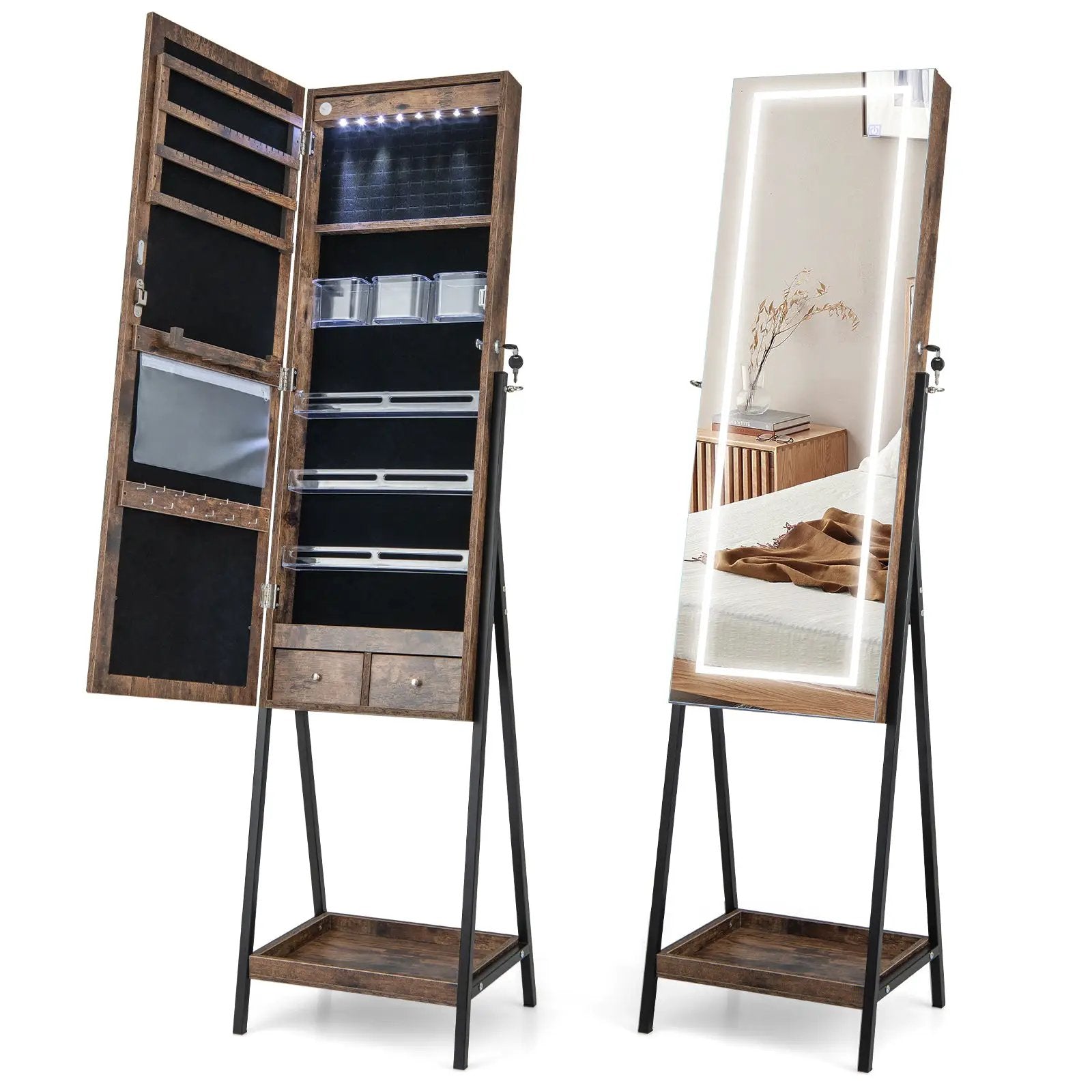 LED Standing Jewelry Mirror Cabinet with 3-Color Lighted Full-Length Mirror by DirectDeals