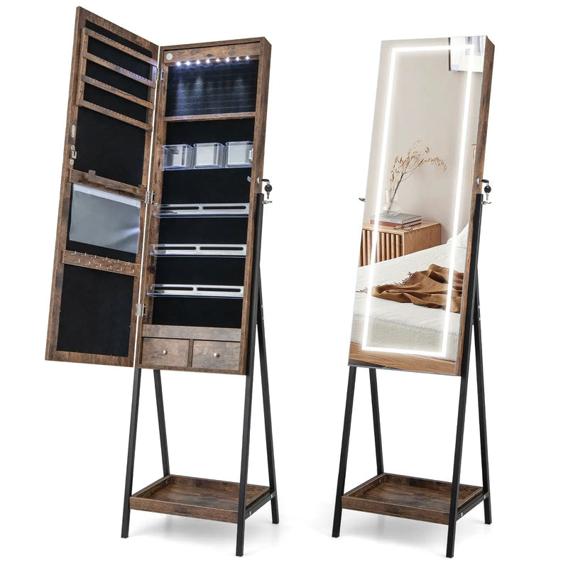 LED Standing Jewelry Mirror Cabinet with 3-Color Lighted Full-Length Mirror by DirectDeals