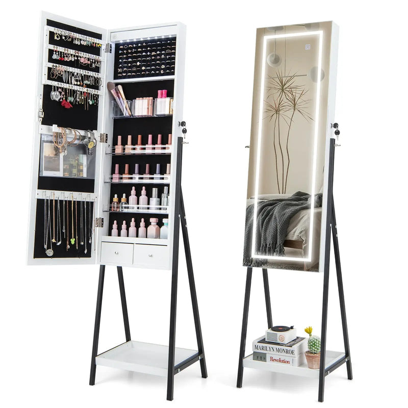LED Standing Jewelry Mirror Cabinet with 3-Color Lighted Full-Length Mirror by DirectDeals