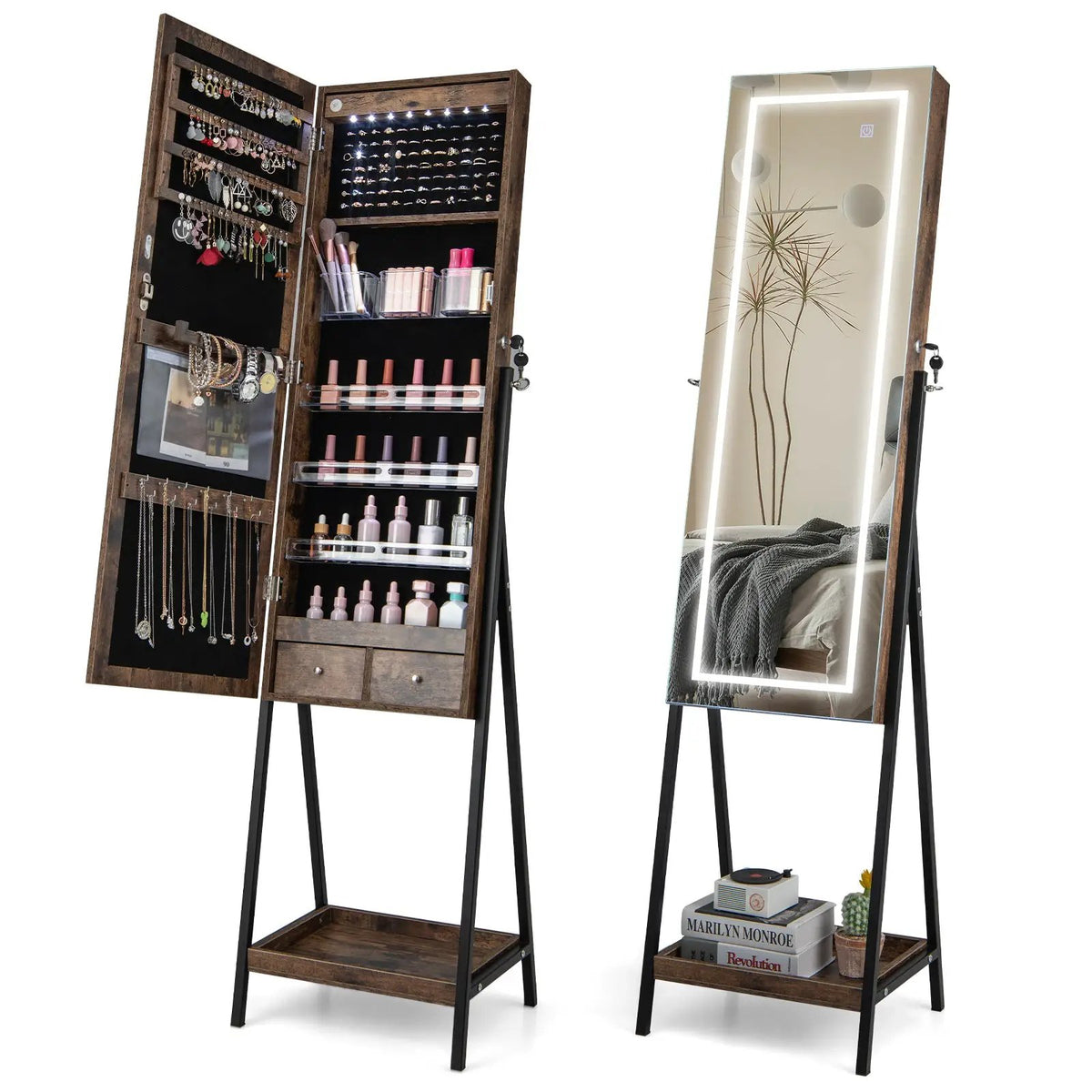 LED Standing Jewelry Mirror Cabinet with 3-Color Lighted Full-Length Mirror by DirectDeals