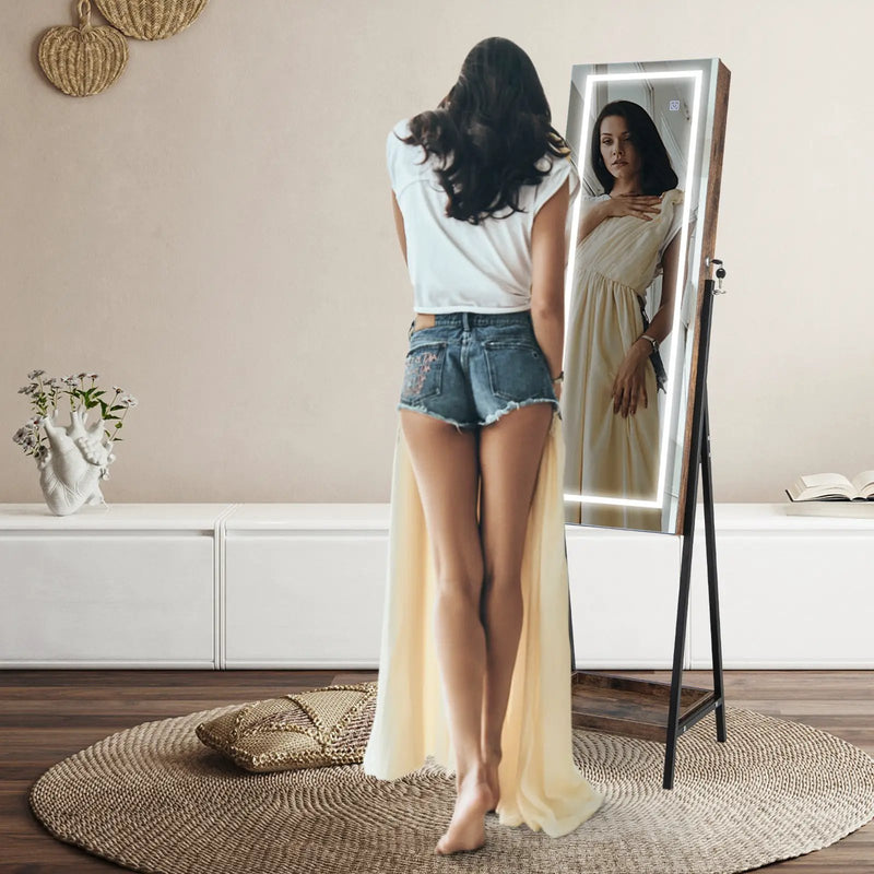 LED Standing Jewelry Mirror Cabinet with 3-Color Lighted Full-Length Mirror by DirectDeals