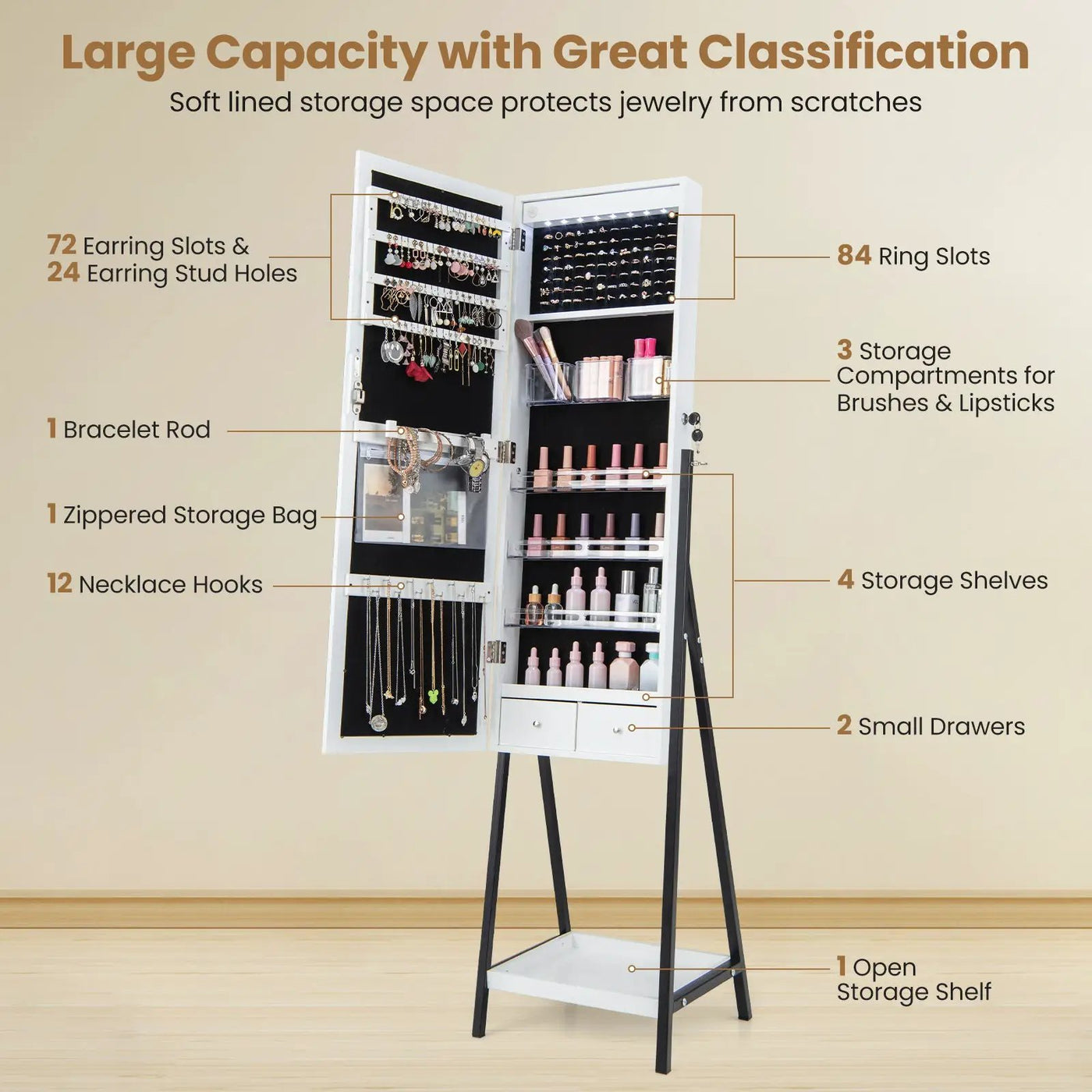 LED Standing Jewelry Mirror Cabinet with 3-Color Lighted Full-Length Mirror by DirectDeals