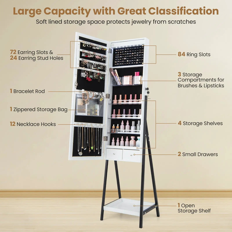 LED Standing Jewelry Mirror Cabinet with 3-Color Lighted Full-Length Mirror by DirectDeals