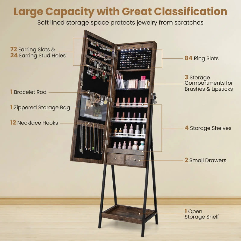 LED Standing Jewelry Mirror Cabinet with 3-Color Lighted Full-Length Mirror by DirectDeals