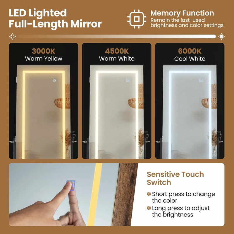 LED Standing Jewelry Mirror Cabinet with 3-Color Lighted Full-Length Mirror by DirectDeals