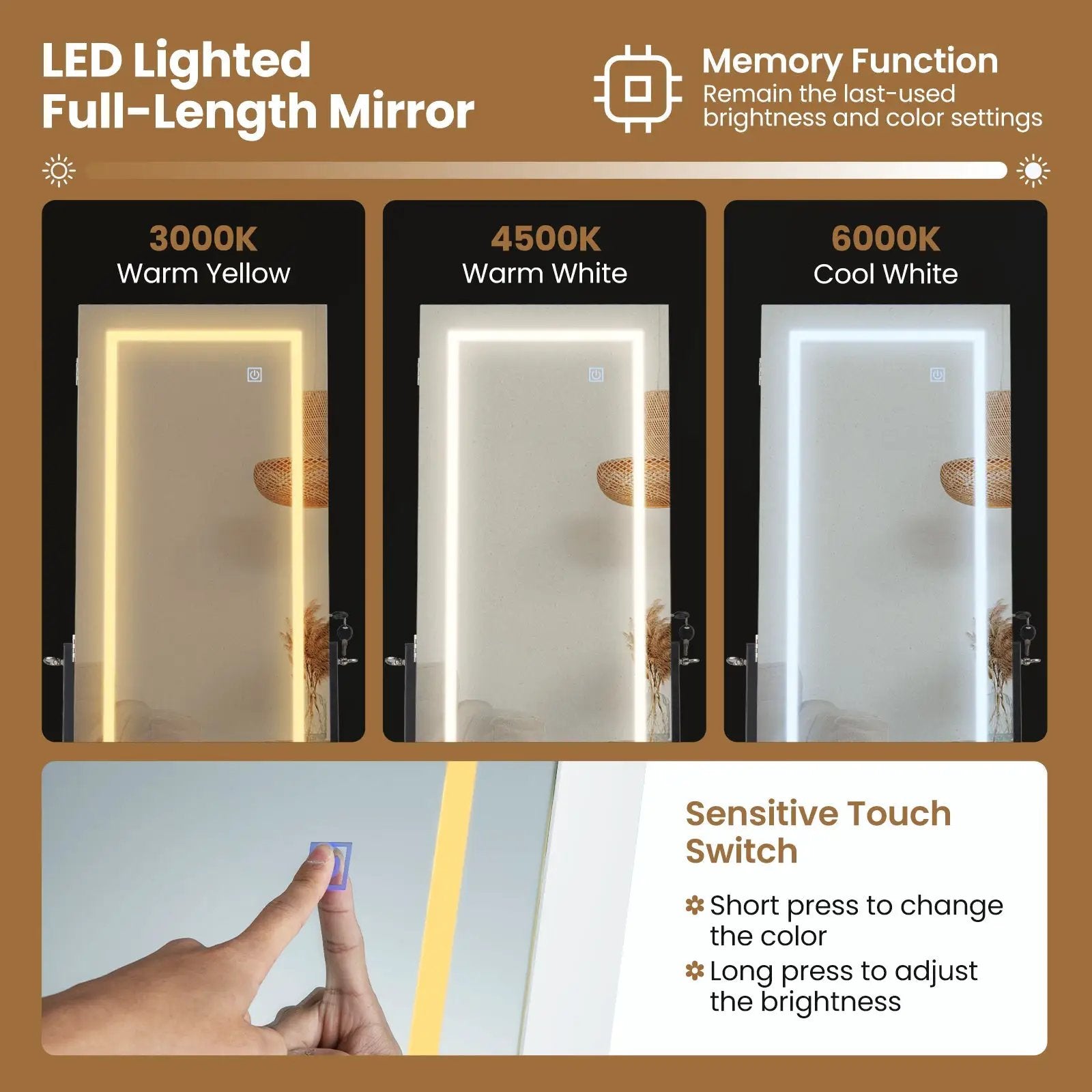 LED Standing Jewelry Mirror Cabinet with 3-Color Lighted Full-Length Mirror by DirectDeals