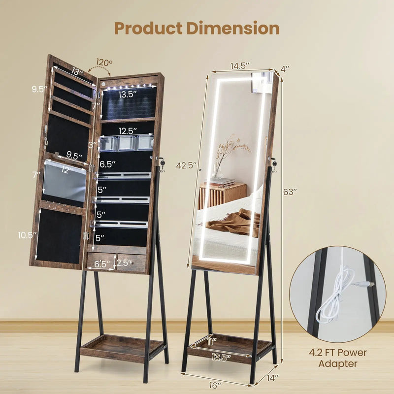 LED Standing Jewelry Mirror Cabinet with 3-Color Lighted Full-Length Mirror by DirectDeals